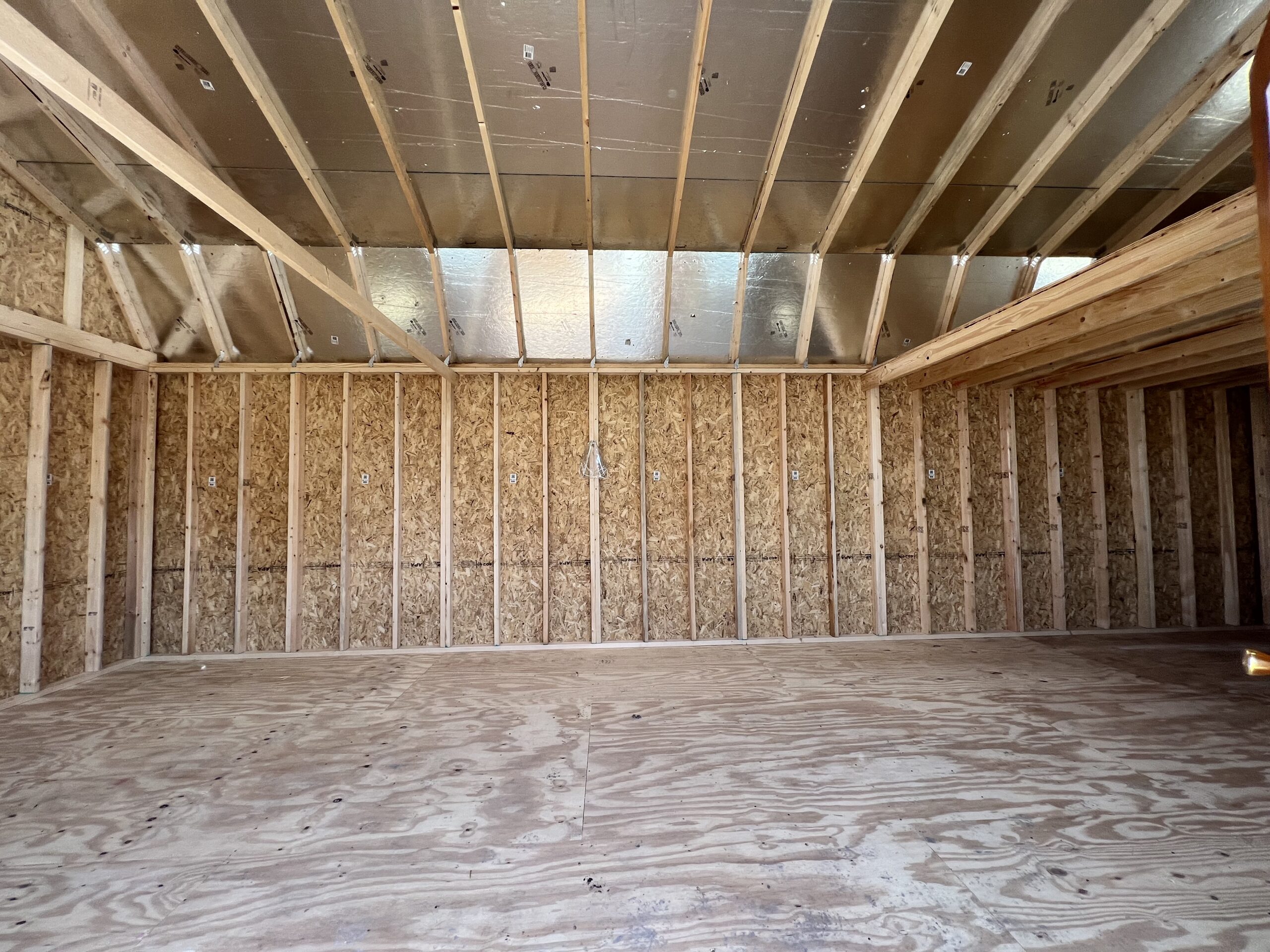 View of the inside of the 14 x 32 lofted barn when you walk in the front door 