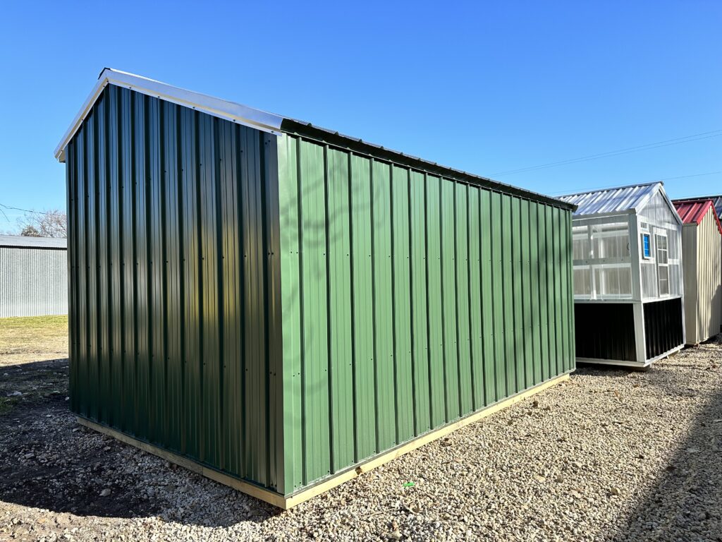 this 10x16 metal loafing shed is built with 29 gauge metal roof and siding 