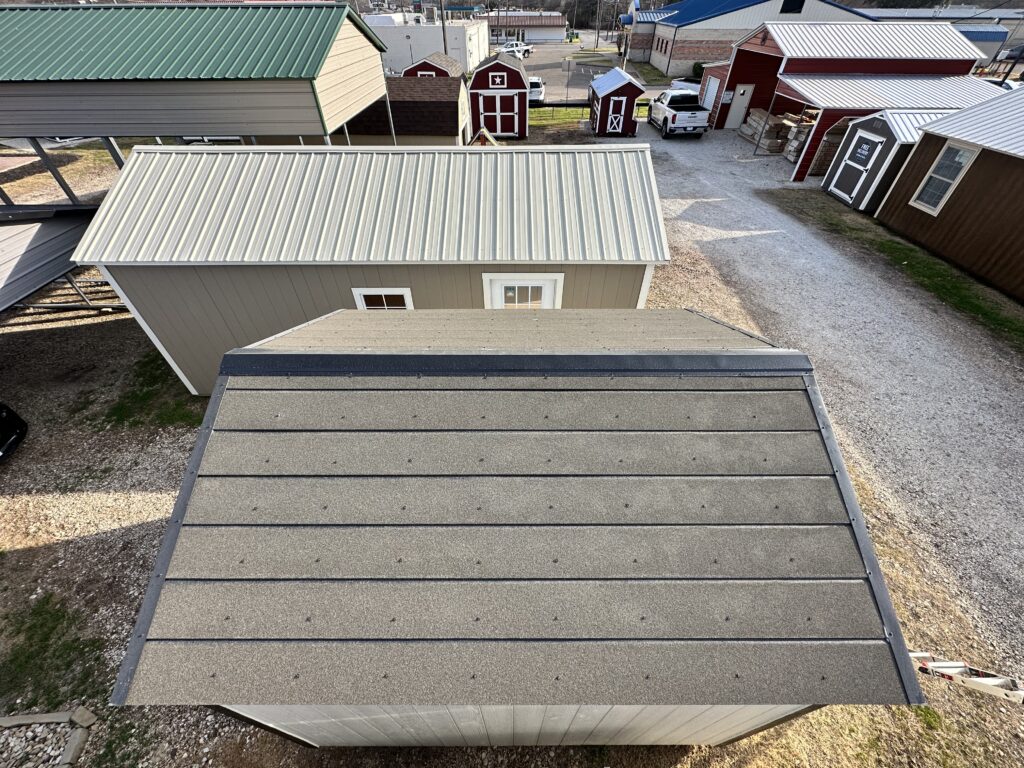 top down view of the LP ReadyPeak Roof on this 10x12 Utility 