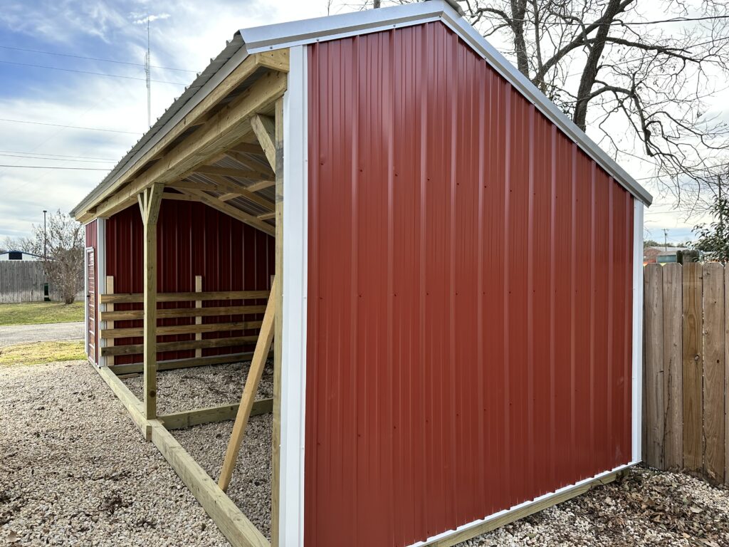 Exterior and view of the 10x28 Metal Loafing Shed With Tack Room 